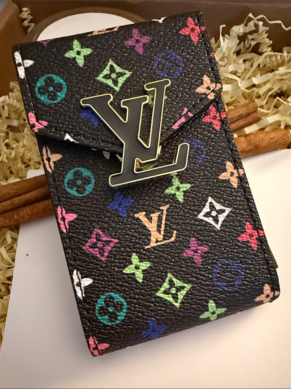 Black Multicolor Monogram Card Holder with Gold gold and Black Logo